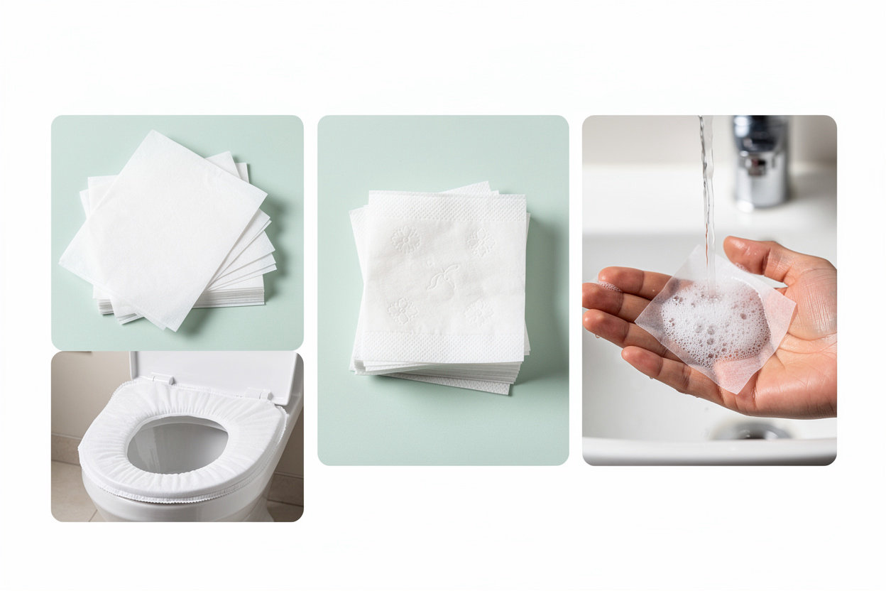 Toisafe.com pocket hygiene kit contents - seat cover, tissue paper, and paper soap components