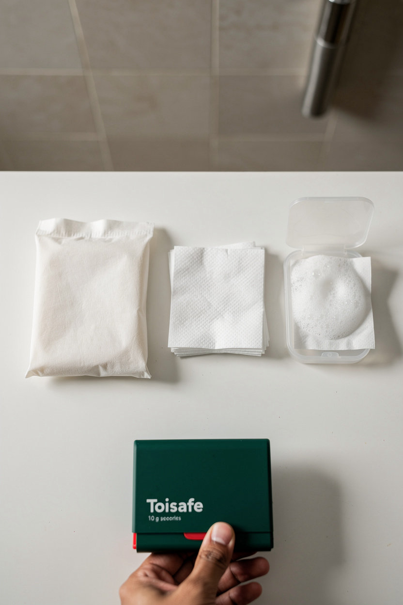 Toisafe.com pocket hygiene kit components - seat cover, tissue paper, and paper soap sealed in one wrapper